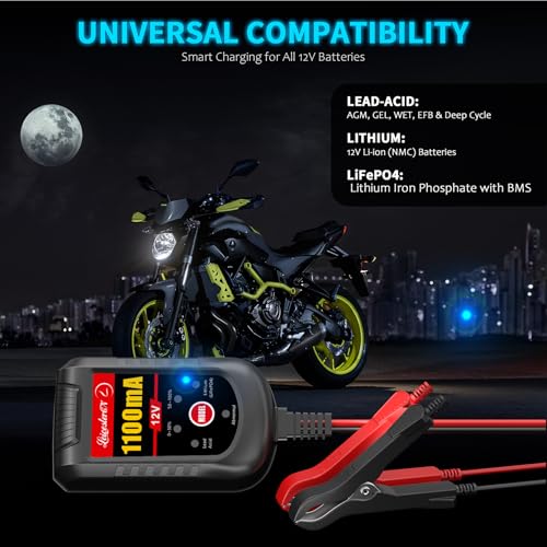Image of Motorcycle Battery Charger and Maintainer 12V, 1.1Amp Smart Trickle Charger - Automatic Float Charger for Cruiser Sport Bike ATV Scooter Dirt Bike Lawn Mower, LiFePO4 Lithium Lead Acid AGM Gel