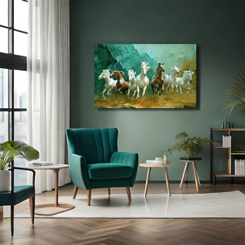 Image of RANGOLI Seven Horses Wall Painting | Vastu-Approved Canvas Art for Home and Office |3D Painting for Living Room, Study, and Bedroom (16 x 23 Inches with Frame) (green)
