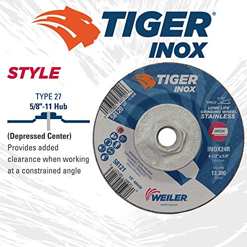 Image of Weiler 58120 4-1 /2 inch x 1 /4 inch Tiger INOX Type 27 Grinding Wheel, INOX24R, 5 /8 inch-11 inch UNC Nut (Pack of 10)
