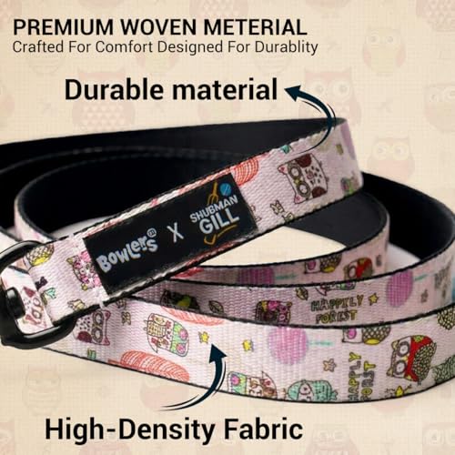 Image of Bowlers Dog Leash for Small, Medium & Large Dogs | Owl & Beige Design | Durable Nylon Pet Walking Lead | Strong Metal Hook | Comfortable Grip for Daily Walks & Training
