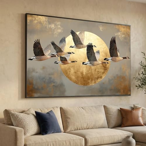 Tableau oies volantes lune dorée pour une déco salon nature et apaisante
