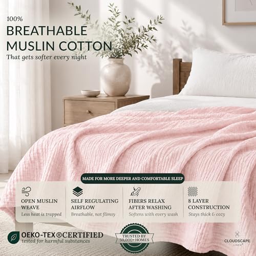 CLOUDSCAPE 8 Layer Muslin Blanket for Adults - 100% Cotton Gauze Muslin Blanket Twin Size - 68" x 92" Fits Twin XL Bed - All Season Soft Bedding Lightweight Breathable Summer Blankets - Seashell Pink by CLOUDSCAPE LINEN - Used condition - US$84.80