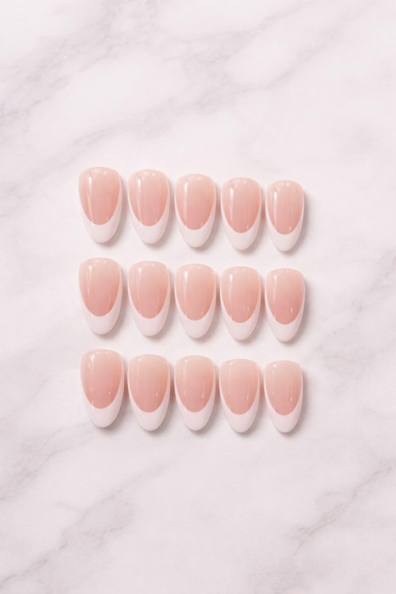 French Tip Press On Nails Short Almond | Nude Pink & White Fake Nails | Glossy Reusable Artificial Nails for Women | Salon Look Manicure | Nail Art Accessories (Set of 30)-image-32