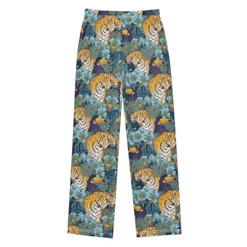 Tiger Parrot Hibiscus Flower Boys Long Pants Soft Trousers Elastic Waist Kids Lounge Bottoms with Pockets S-XL