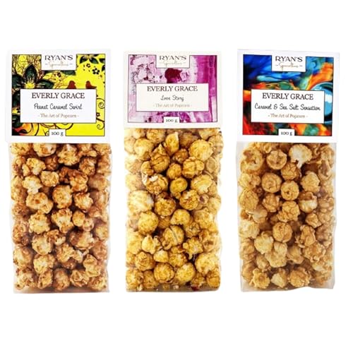 Everly Grace Popcorn Originals Bundle – Caramel & Sea Salt Sensation, Peanut Caramel Swirl, Love Story, bolsas de 100 g de palomitas artesanales de nuestra manufactura en Augsburgo, Alemania