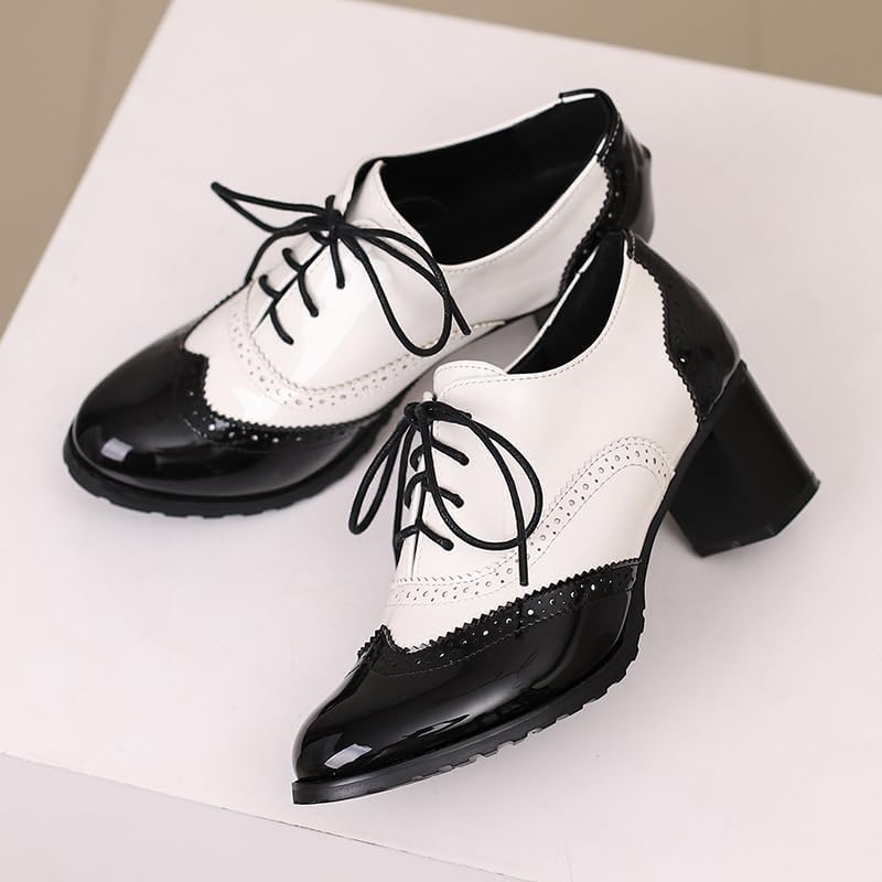 Womens Vintage Oxfords Shoes 1950s Chunky High Heels Lace Up Wingtip Two Tone Perforated Saddle Pumps Shoes - Image 8