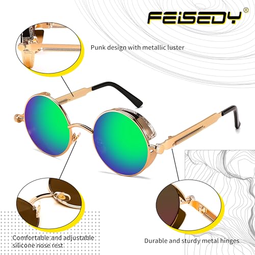 FEISEDY Retro Gothic Steampunk Sunglasses Round Metal Frame Punk Circle Inspired Shade Men B18574