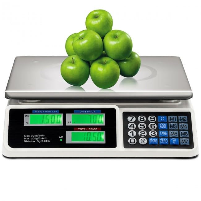 66lb Digital Retail Scale with Dual LCD Displays, 5g Accuracy, Stainless Steel Weighing Pan, 3 Power Modes, Lb-Kg Toggle, Tare, Auto-Stabilize, 8 Unit Price Storage, Durable Housing