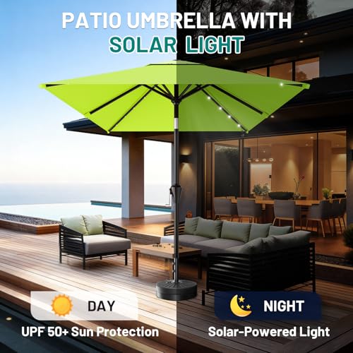 Image of AreShark 6.5' x 10' Rectangular Patio Umbrella with Solar Lights, Solar Powered Lighted Market Umbrella w /Tilt and Crank, Outdoor Table Umbrella for Garden, Deck, Backyard, Pool, Apple Green