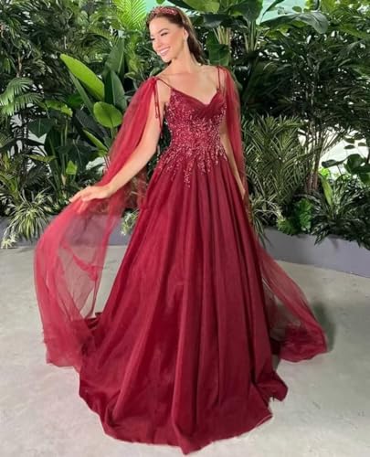 Lace Appliques Long Prom Dresses with Cape Beaded Tulle Puffy Sleeve Evening Formal Ball Gowns3