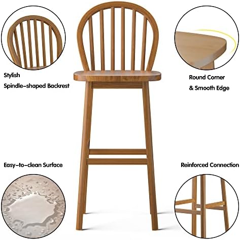 COSTWAY Set of 2 Bar Stool, Rubber Wood Counter Height Chairs with Backrest & Footrest, Tall Breakfast Barstools for Home Kitchen Dining Room Pub Cafe Bistro