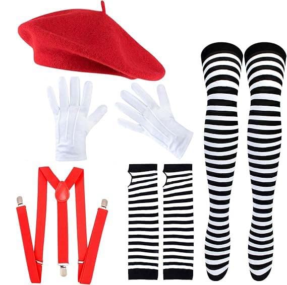 SIQITECHUK 5Pcs French Mime Costume Outfit with Beret Striped Stockings Gloves Suspenders Arm Sleeves Mime Artist Costume Accessorie for Cosplay Fancy Dress Stage Performance (Red)