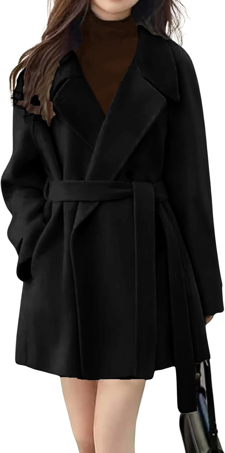 chouyatou Women 2025 Elegant Long Winter Wool Coat Dressy Casual Double Breasted Belted Pea Coat Overcoat