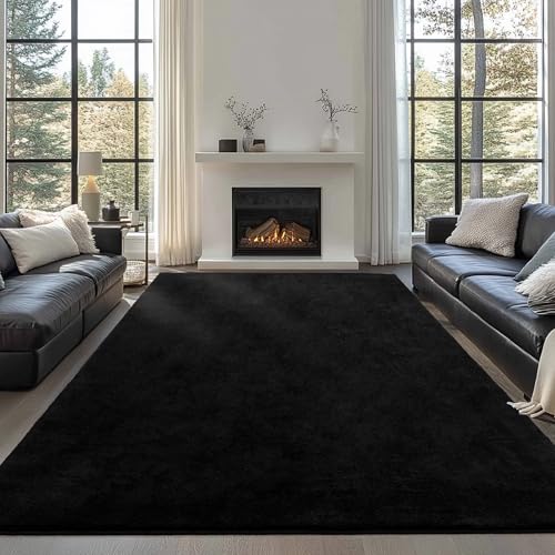 Image of Large Modern Area Rugs for Living Room Bedroom, 6x9 Feet Black Ultra Soft Thickened Memory-Foam Indoor Rug, Comfy Aesthetic Solid Minimalist Carpets for Girls Boys Nursery Dorm Home Decor