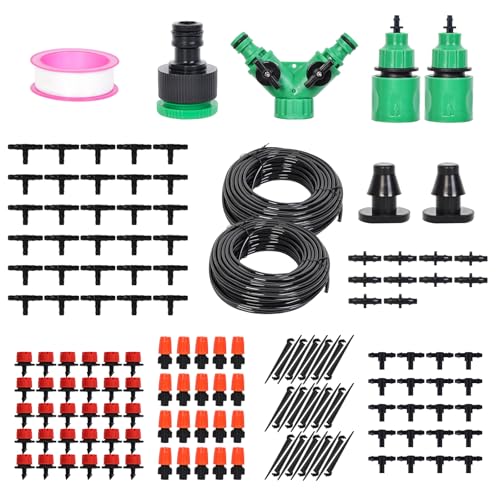 Griinyad 98FT Drip Irrigation System Kit Irrigation Hoses Automatic Garden Watering Misting System with 1/4 inch Irrigation Tubing Hose and Accessories for Greenhouse, Yard, Lawn