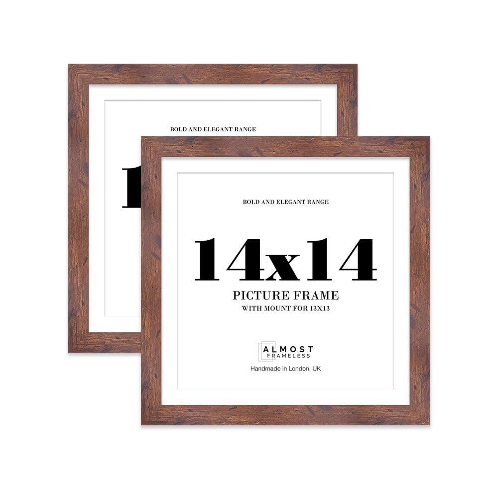 14x14 Rustic Wood Square Frame With Mount for 13x13 Pictures 28mm Edge Frame Display with Wall Hooks, 2 Pack
