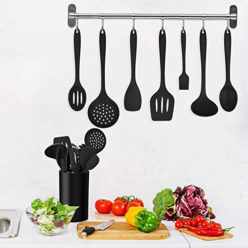 Image of LIANYU 12-Piece Black Silicone Kitchen Cooking Utensils Set with Holder, Kitchen Tools Include Slotted Spatula Spoon Turner Ladle Tong Whisk, Dishwasher Safe