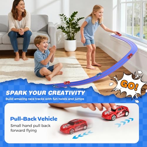 image for DKOXT Flexible Race Track for Kids - 15 Ft DIY Car Track Set with 2 To