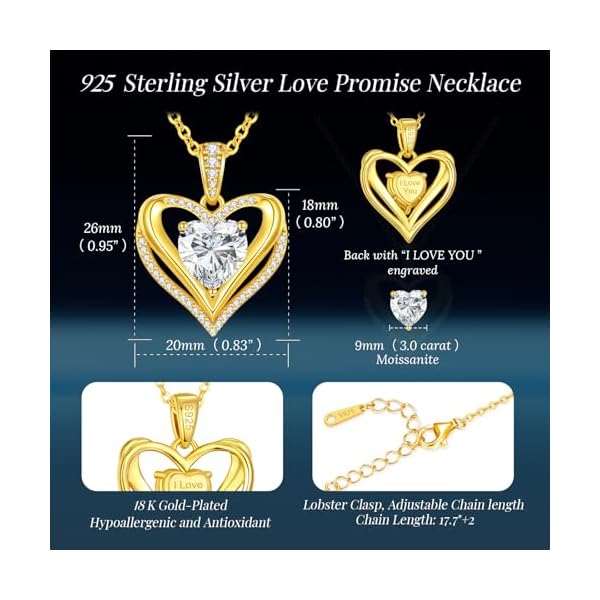 Moissanite Infinity Love Heart Pendant Necklaces for Women, 1-3 Carat 925 Sterling Silver 18K Gold Plated Engraved with"I LOVE YOU', Anniversary Birthday Present Jewelry Gift for Women Wife Girlfriend Her - Image 6