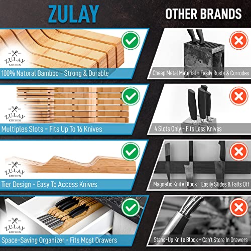 Zulay Kitchen Bamboo Knife Drawer Organizer Insert - Edge-Protecting Knife Organizer Block Holds Up To 11 Knives - Smooth Finish Drawer Knife Organizer Tray Fits In Most Drawers For Kitchen #TOP7