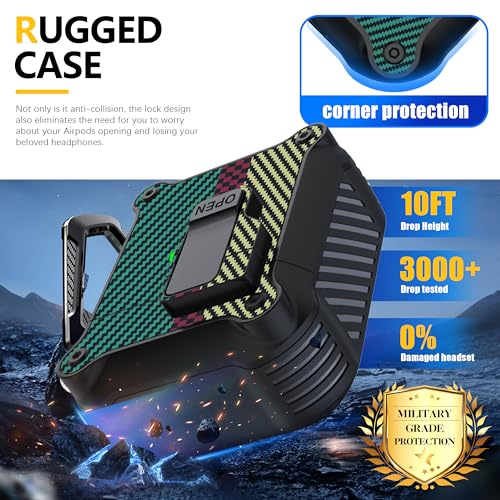 Image of RFUNGUANGO for Airpods 2nd and 1st Generation Protective Cases Automatic Pop-up with Safety Lock Clip, Full Body Shockproof Hard Case with Keychain (Cleaning Tool)-Carbon Fiber Green