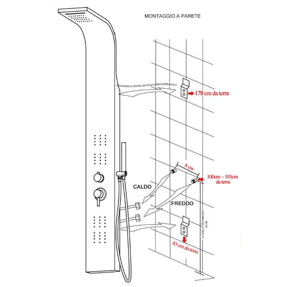 Colonna Doccia Idromassaggio in Acciaio Inox Finitura Satinata 4 funzioni IDROMASSAGGIO - DOCCETTA SOFFIONE - Cascata