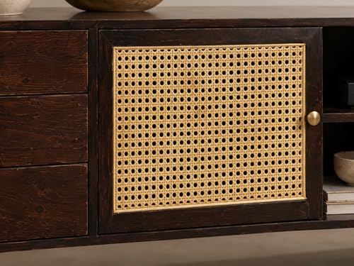 Image of Premium Solid Wood, 10 Minutes Assembly (Legs Only), Aesthetic Rattan Doors, Mid Century Entertainment Center for Living Room, TV Stand for 65 inch TV, Dark Chocolate (Dark Walnut)