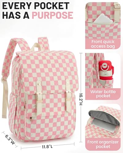 Image of Corduroy Laptop Backpack for Women, Fits 15.6 Inch Computer Bag, College Bookbag Travel Daypack Purse, Work Business Bags - Corduroy Checkered Pink