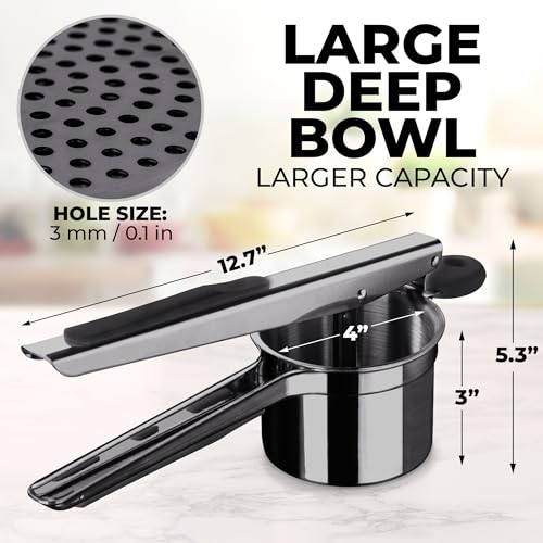 Zulay Kitchen Large 15oz Potato Ricer, Heavy Duty Stainless Steel Potato Masher and Ricer for Mashed Potatoes, Mashed Potato Masher & Potato Press Gadget for Perfect Mashed Potatoes - Metallic Black by Zulay Kitchen - Image 6