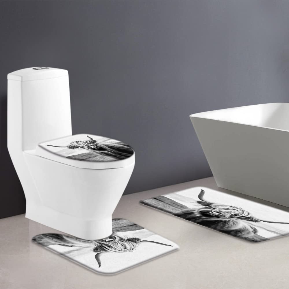 3 Piece Farmhouse Highland Cow Bath Mat Sets Farm Animal Portrait of Highland Cow Longhorn Bull Rustic Funny Western Bathroom Doormat Rugs,Toilet Seat Cover,U-Shaped Floor Mat