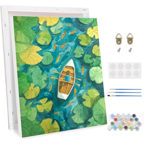 TOSTOG Peinture par Numéros pour Adulte avec Cadre,Feuille de Lotus DIY Peinture Acrylique pour Adultes Débutants,Bateau Kit de Peinture à l'huile sur Toile...