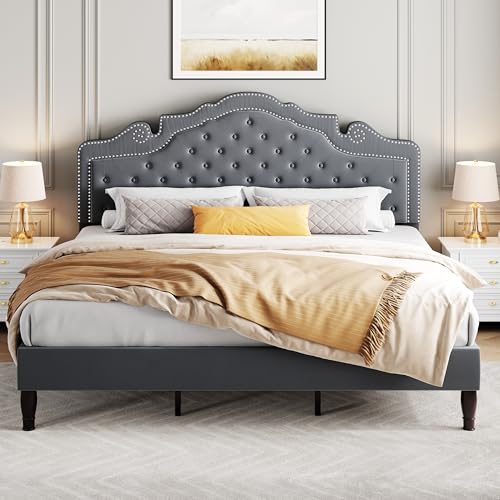 SHA CERLIN King Size Platfrom Bed Frame with Adjustable Headboard/Velvet Upholstered Diamond Button Tufted and Metal Studs/No Box Spring Needed/Easy Assembly/Woodenen Slat Support/Light Grey