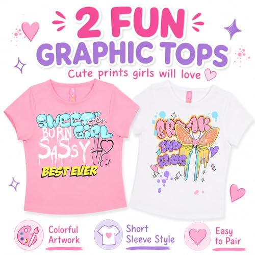 Image of Dreamstar Girls 4 Piece Outfit Set - Sleeveless Graphic Top with Dolphin Shorts, Cute Summer Matching Set for Kids and Tweens