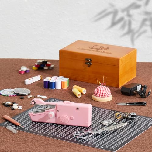 Handheld Sewing Machine with Elegant Wooden Sewing Box and 153-Piece Sewing Kit, Mini Portable Cordless Hand held Sewing Machine, Perfect for Adults, Beginners, and Quick Home Repairs