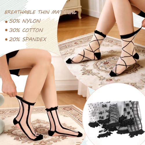 Image of Jspupifip Sheer See Through Socks for Women - Striped Plaid Mesh | Polka Dot & Bow Design Transparent Soft Breathable Fashion Stockings, Lightweight Lace Socks