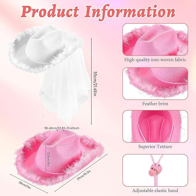 MSYU 12 sombreros de vaquera para novia, sombrero de vaquero para despedida de soltera, sombrero de vaquero para fiesta, boda, despedida de soltera, compromiso (rosa, blanco, alambre plateado)