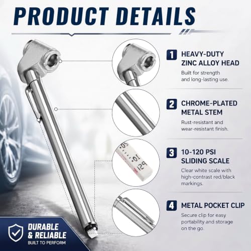 Image of BBTO 2 Pcs 10-120 Psi Low Pressure Tire Gauges Pencil Tire Gauges | Stainless Steel, Tire Gauges for Tire Pressure, Reverse Osmosis Tank, Garden Tractors, Golf Carts, Atv, Sports Equipment