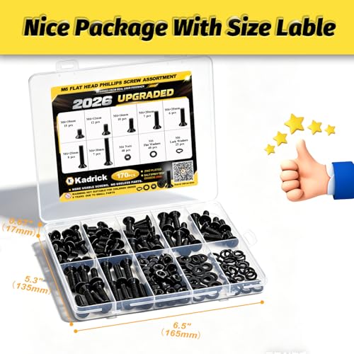 Image of KADRICK 170Pcs M6 Countersunk Screws,M6 Flat Head Screws,Phillips Bolts Nuts Washers Assortment Kit,Zinc Plated,Lenth of 10MM-30MM