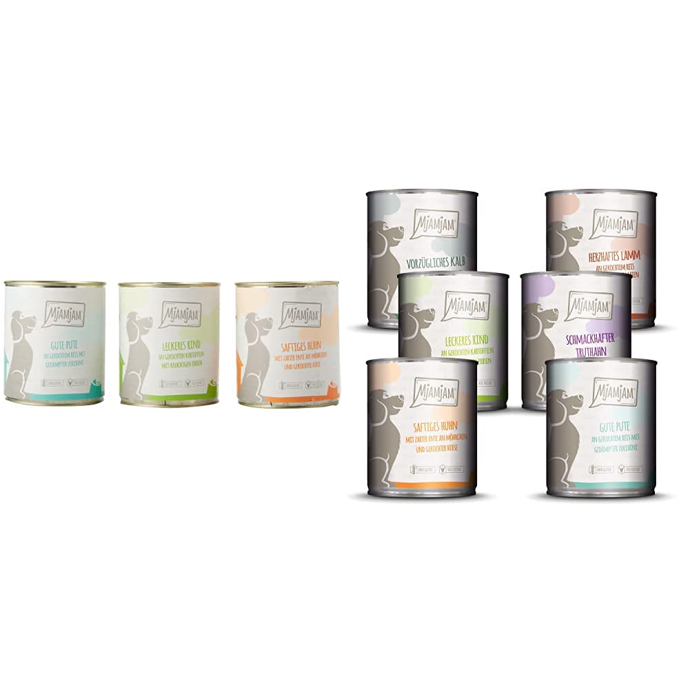 MjAMjAM - Premium Nassfutter für Hunde - Mixpaket 1 - Huhn & Ente, Rind, Pute, 6er Pack (6 x 800 g) & Premium Nassfutter für Hunde - Mixpaket II, 6er Pack (6 x 800 g)