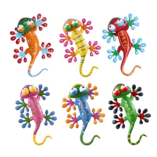 hogardeck Metal Gecko Outdoor Wall Decor 6 Pack Lizard Wall Art Garden Sculptures & Statues with Free-Adjustable Head Outdoor Spring Decor for Front Yard Fence Patio