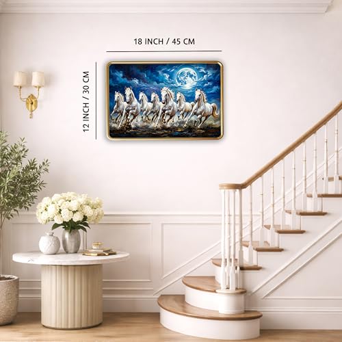Image of XOPY Seven Running Horses with Golden Frame | Vastu 7 horses Raw Pyrite Painting for Home, Office & Living Room Wall Decore | 12X18 Inch Sparkle Laminated Frame | Best For Gifting (53311, 12X18)