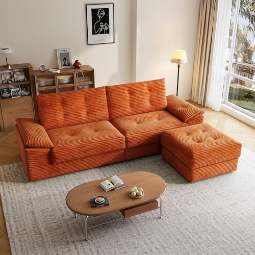 Ighoveat 109.5 L-Shape Sectional Couches for Living Room Convertible Sleeper Sofa with Ottoman Compressed No-Frame 3 Seater Modular Sectional Sofa No Assembly Required(Corduroy Orange)