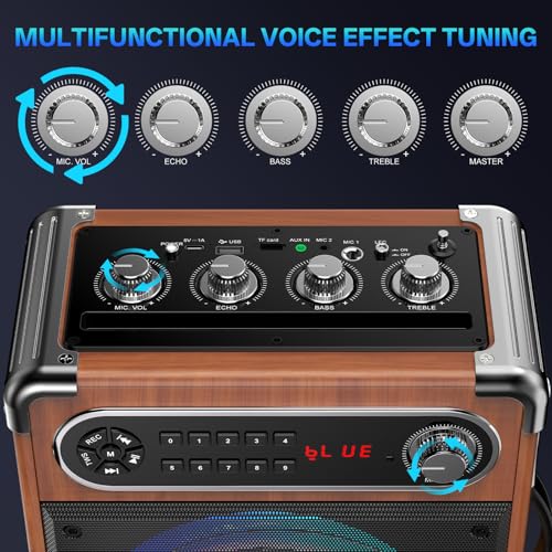 Image of JYX Karaoke Machine with Two Wireless Microphones, Portable Bluetooth Speaker with Bass /Treble Adjustment, PA System with Remote Control, LED Lights,Supports TF Card /USB /AUX /TWS