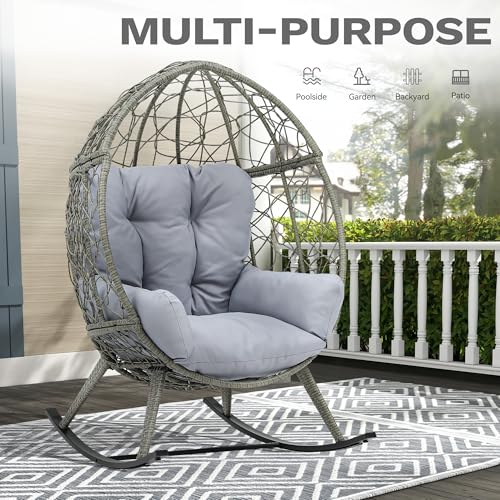 DWVO Wicker Rocking Egg Chair, Oversized Indoor Outdoor Rattan Rocking Chair, Indoor Outdoor Lounger for Patio, Backyard, Living Room, Light Gray