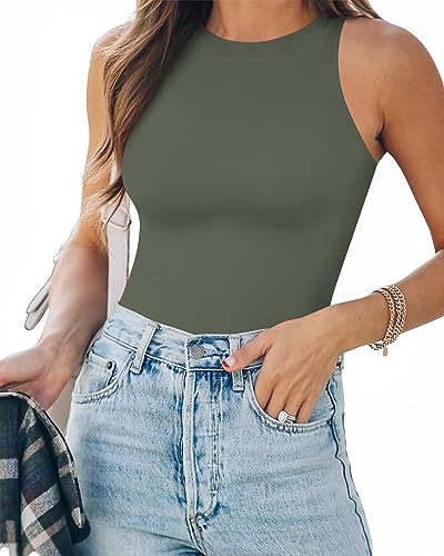 Image of MANGOPOP Sexy Round Neck Racerback Ribbed Sleeveless Tank Top for Women Navy Blue