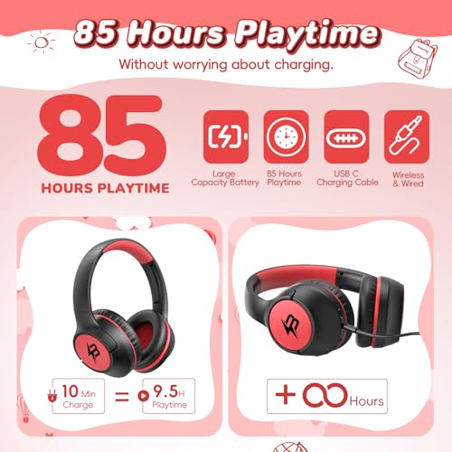 Image of Kids Bluetooth Headphones with 85H Playtime Without LED, Safe Volume 85 /94dB Wireless Headphones for Kids, Bluetooth 5.4 Over-Ear Toddler Headset for Boys Tablet /Airplane / School (Atrous & Red No LED)