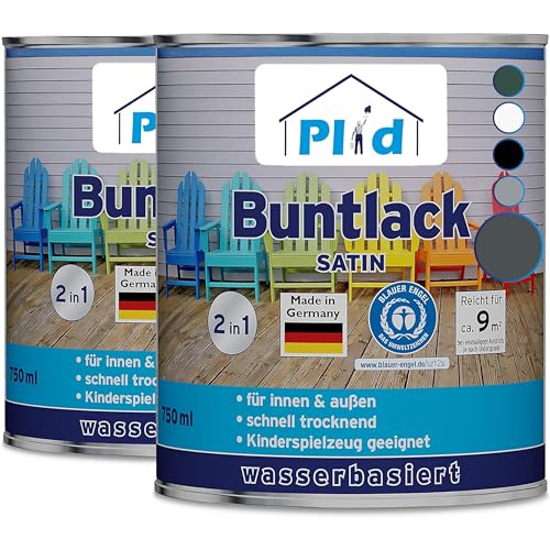 Plid® Laque Bois 1,5L Gris Anthracite – Peinture vernis 2en1 - Couvrante, sans Odeur - Extérieur & Intérieur – Résistant aux Intempéries – Idéal pour Portes, Fenêtres, Volets, Meubles de jardin