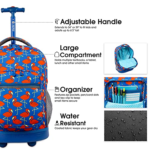 Image of J World Sunrise Kids Rolling Backpack with Wheels for Girls Boys, Roller Bookbag for School, 18 x 13 x 9 Inches, Flamingo