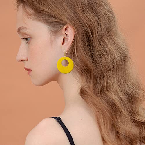 Seakuur Hollow Out Natural Wooden Earrings For Women Girls Vintage African Bohemian Ethnic Wood Big Round Circle Geometric Lightweight Dangle Drop Hook Earrings (Yellow) #TOP6
