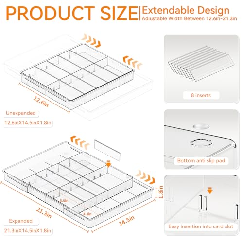 Yieach Large Expandable Desk Drawer Organizer Tray for Office Supplies and Accessories With 12 Adjustable Compartments,Office Drawer Organizers for Pencil,Pen and Kitchen Junk Drawer Organizer,Clear - Image 3
